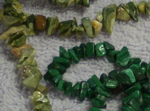 Rainforest jasper and malachite chip beads close u